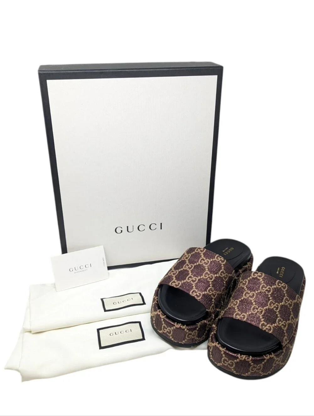 Gucci Brown Monogram Lame Angelina Platform Slide Sandals Size EU 39
